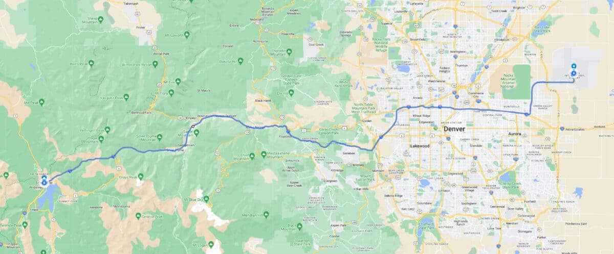 Route and map of Blue Sky Limo's Denver to Silverthorne Airport Car Service
