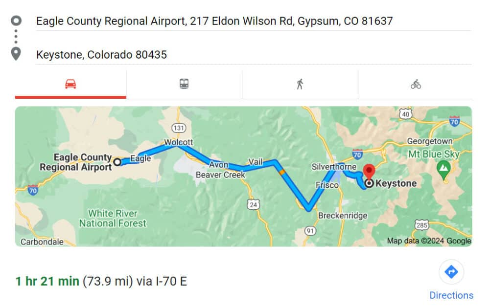 route map eagle airport to keystone, colorado