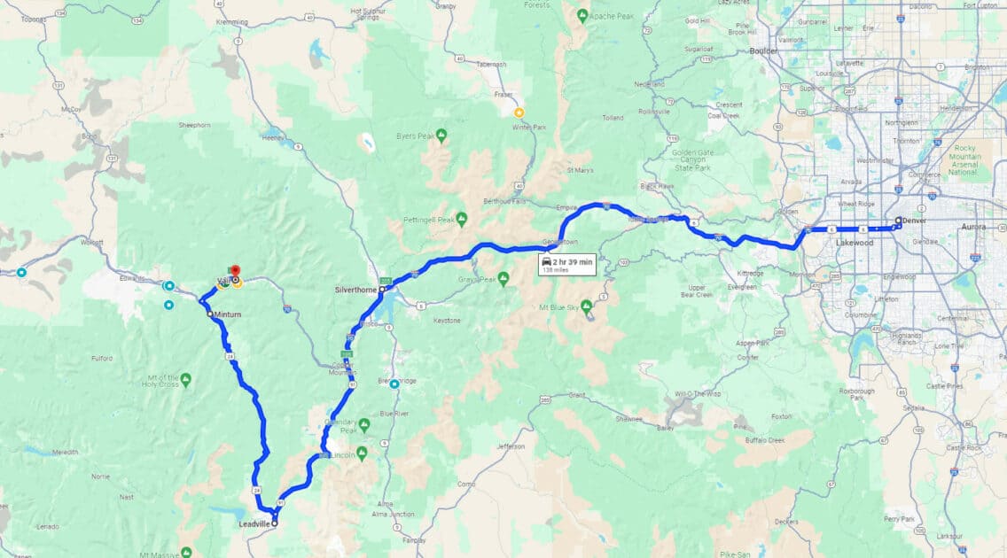 Map of The Central Mountain Route: Denver to Copper Mountain to Leadville to Minturn to Vail