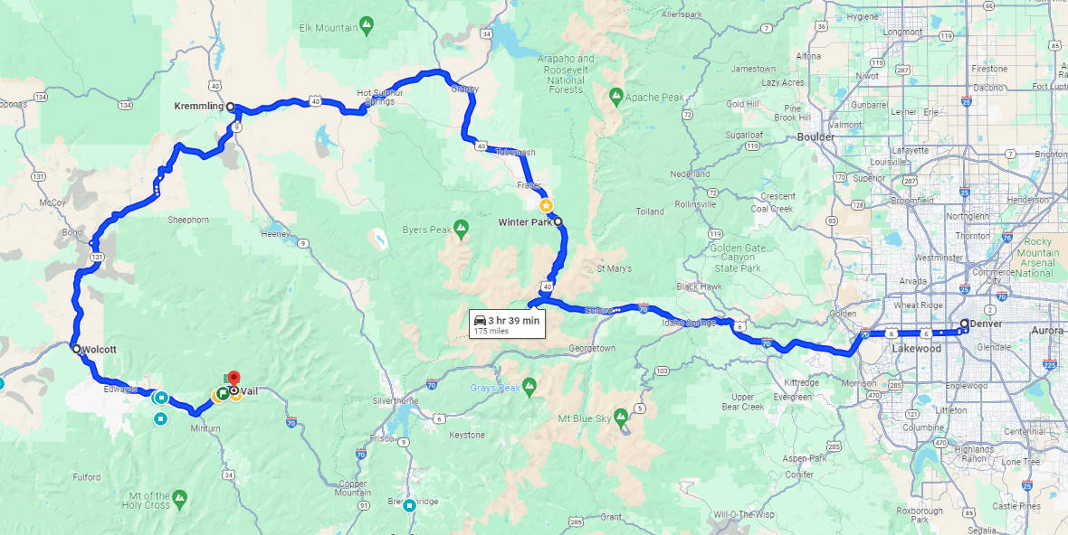 Map of the Northern Wilderness Alternative route from Denver to Vail