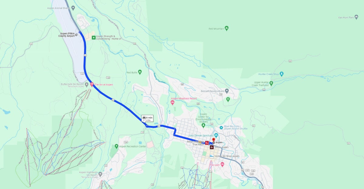 map of Driving from Aspen Airport (ASE) to Aspen, Colorado