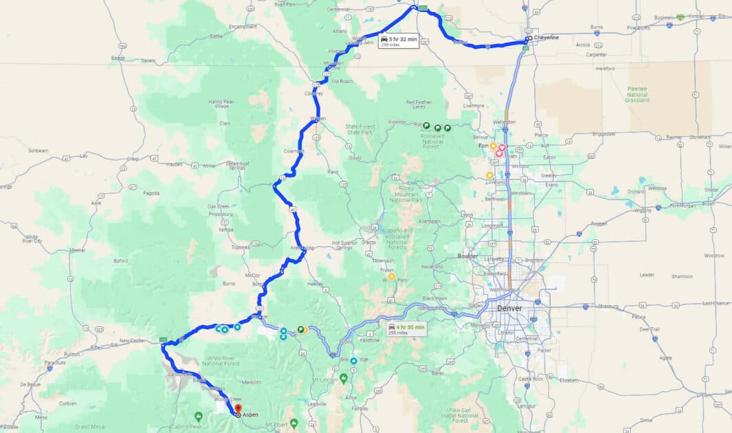 map of Driving from Cheyenne to Aspen, Colorado
