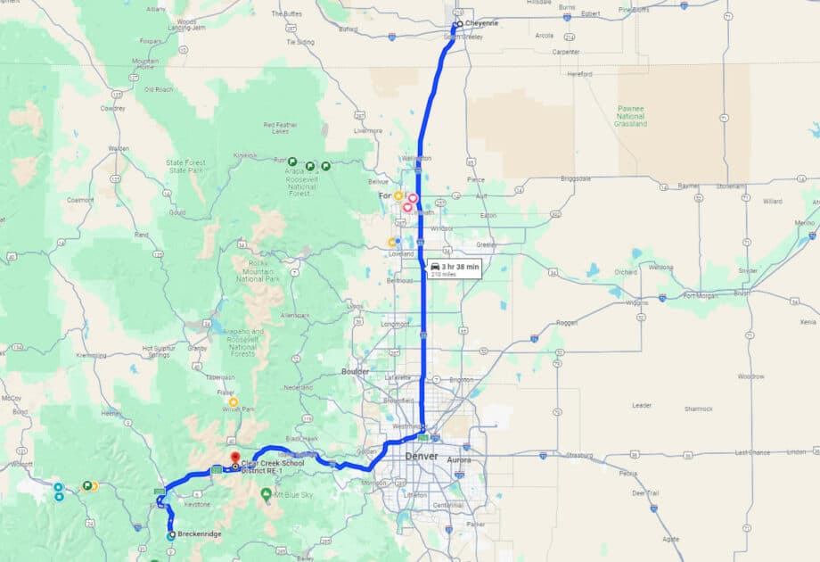 Route from Cheyenne to Breckenridge, CO