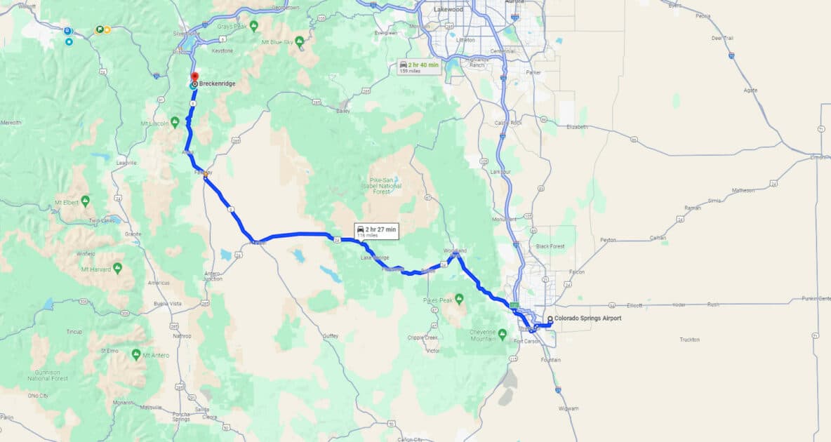 Route from Colorado Springs Airport to Breckenridge