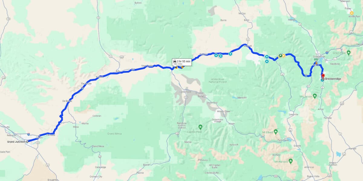 Route from Grand Junction to Breckenridge, CO