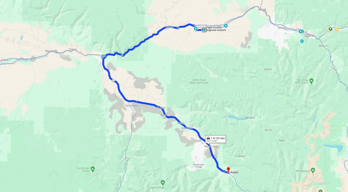 map of driving from Eagle Airport to Aspen
