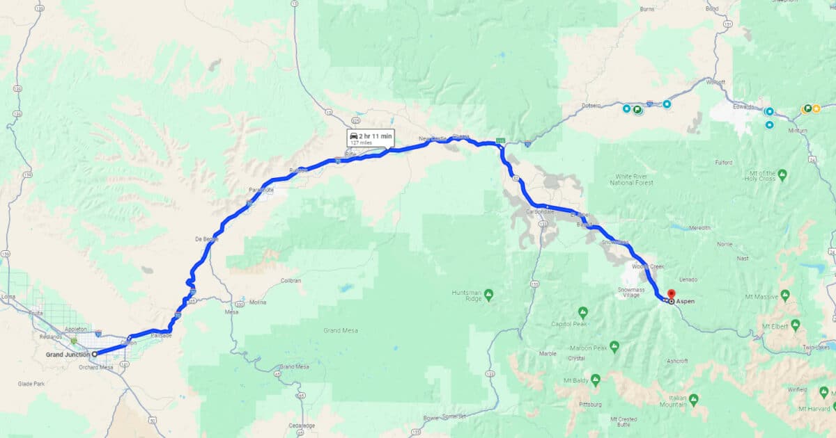 map of driving from Grand Junction to Aspen, CO