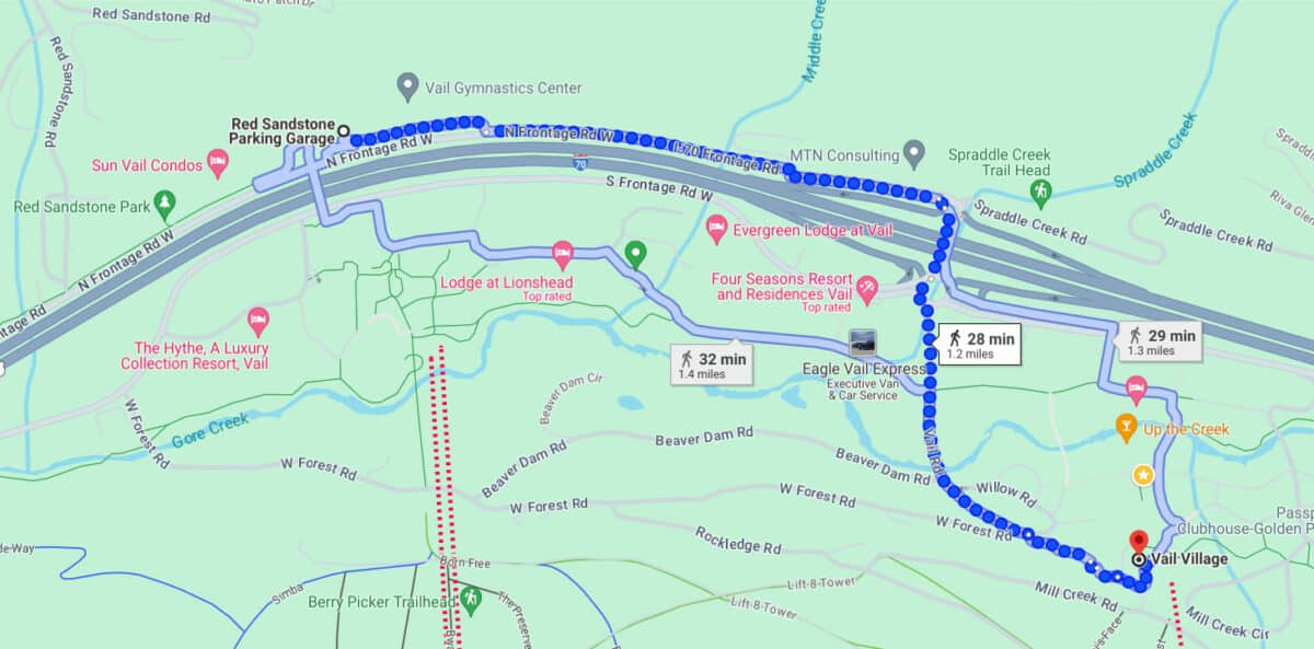 route from Red Sandstone parking garage to Vail Village