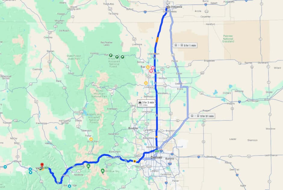 map directions from Cheyenne to Vail, Colorado