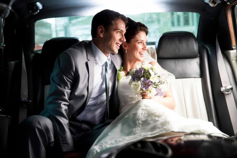 vail wedding transportation with blue sky limo