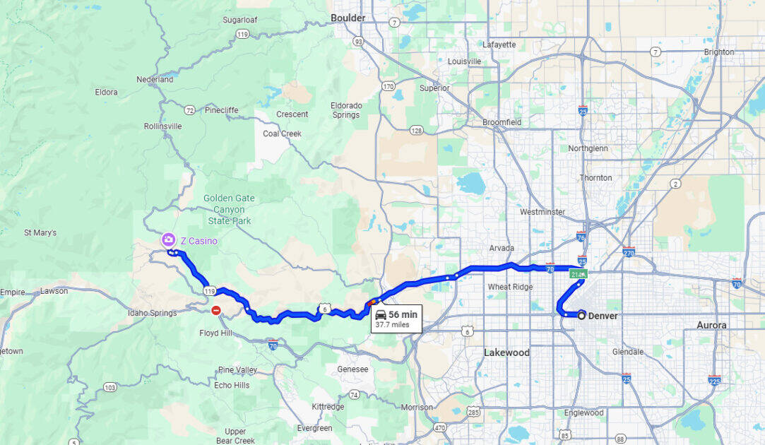 The Route/Map from Denver to Black Hawk