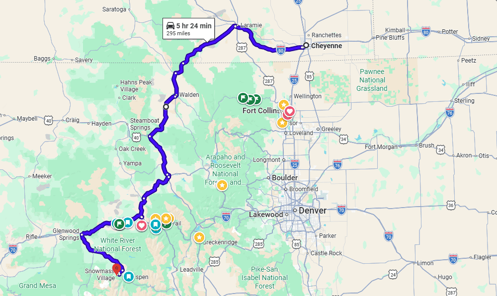 cheyenne to snowmass driving route map