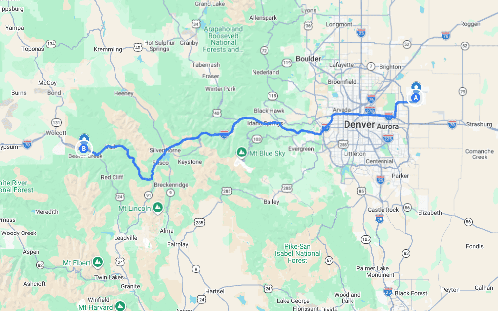 Denver Airport to Avon Driving Mao and Directions