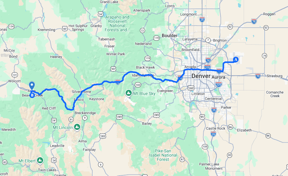 Denver Airport to Beaver Creek Driving Route Map