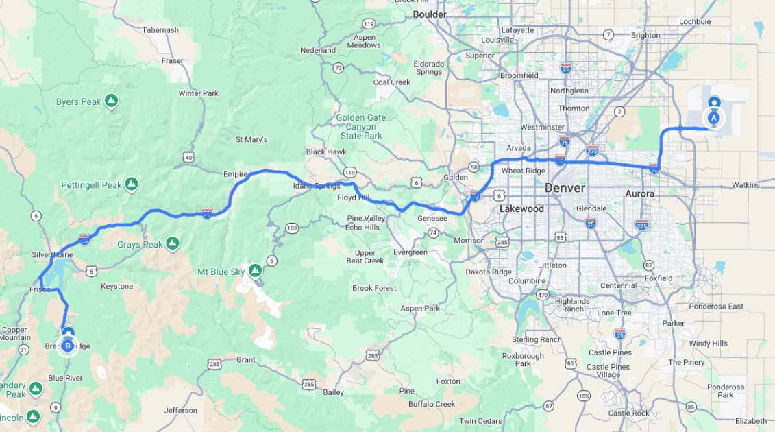 01 a Denver Airport to Breckenridge Driving Route Map | Denver to Breckenridge Airport Shuttle