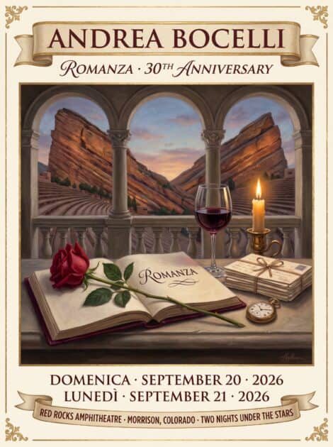 Andrea Bocelli red rocks 2026 vertical poster