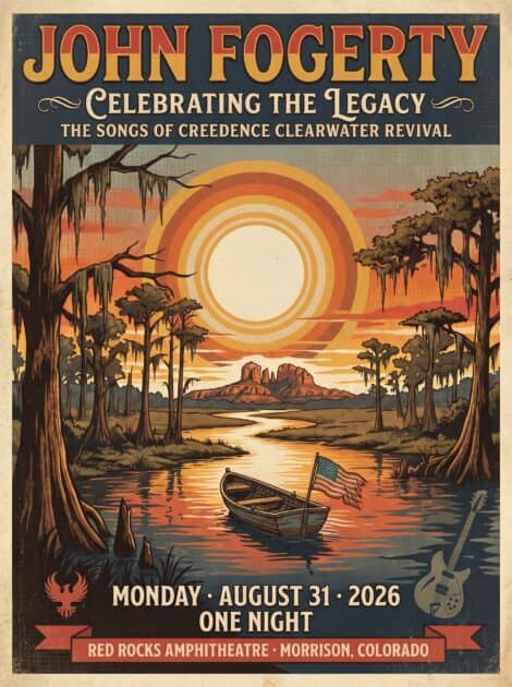 John Fogerty red rocks 2026 vertical poster | Private Shuttle to John Fogerty at Red Rocks