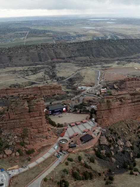Aerial view of Red Rocks Amphitheatre and surrounding parking lots in Morrison, Colorado