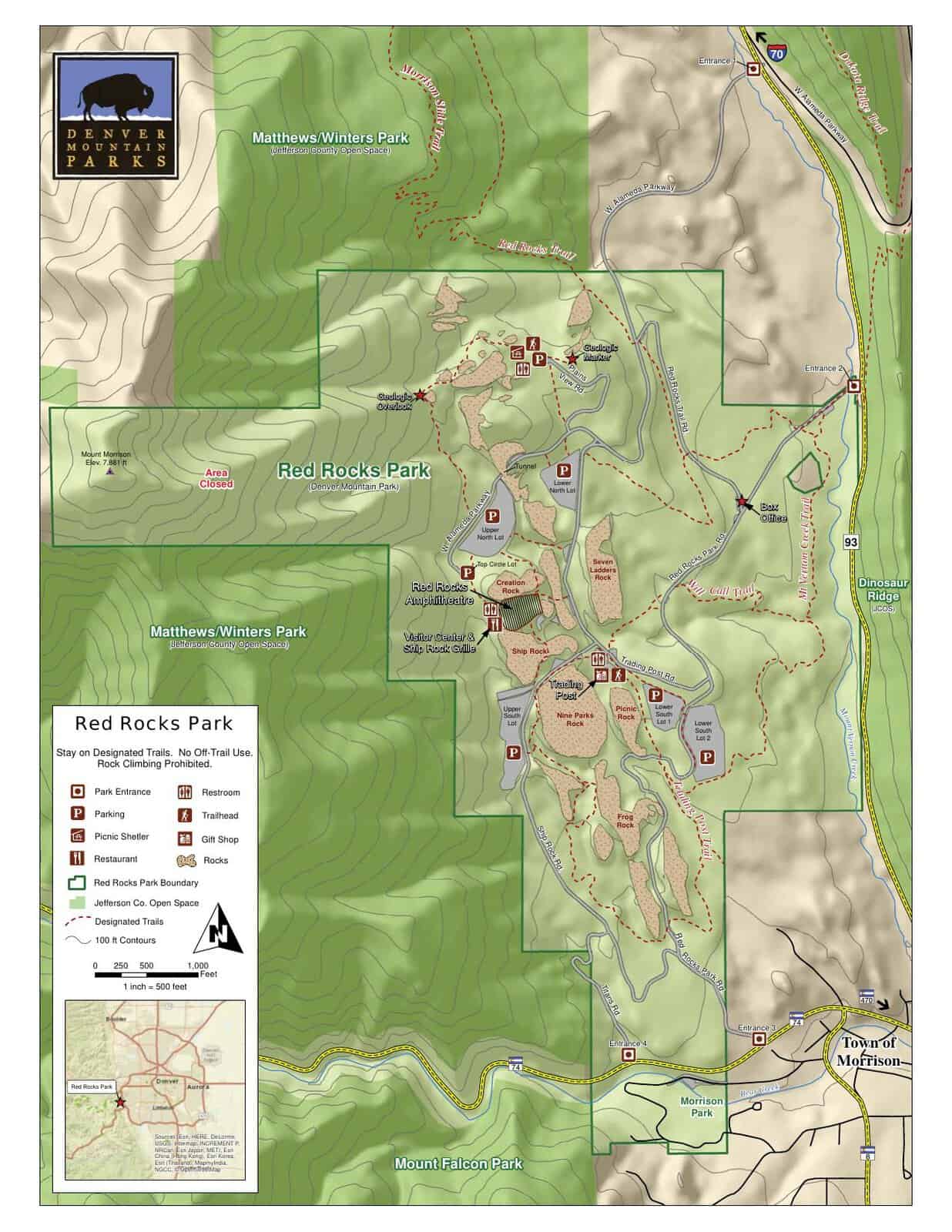 Red Rocks parking lots map showing Upper and Lower North, Upper and Lower South, Trading Post and Top Circle lots with park entrances 1 to 4