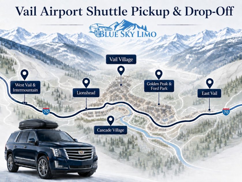 Blue Sky Limo | Vail Airport Shuttle 6 Vail airport shuttle pickup and drop-off map showing Vail Village, Lionshead, Cascade Village, Golden Peak, East Vail, and West Vail