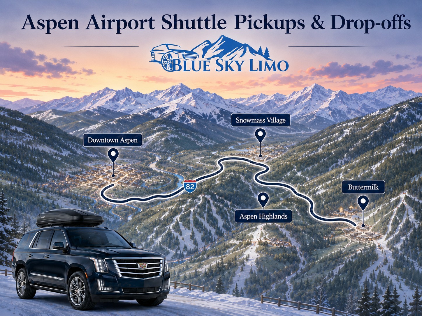 Aspen airport shuttle pickup and drop-off map showing Downtown Aspen, Snowmass Village, Aspen Highlands, and Buttermilk