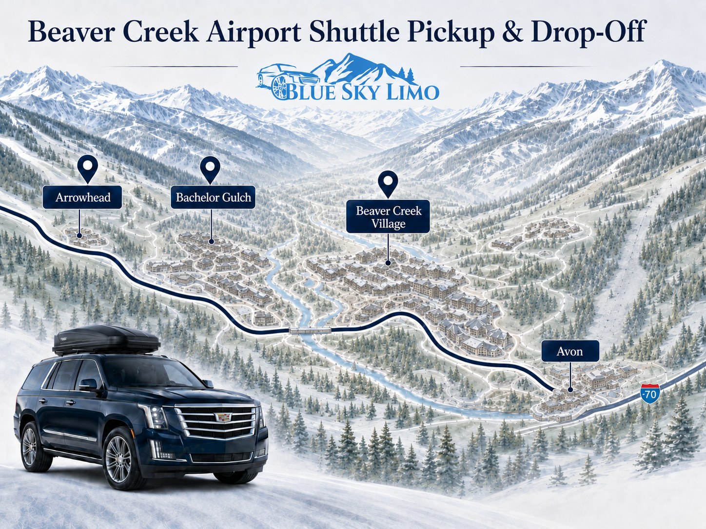 Beaver Creek airport shuttle pickup and drop-off map showing Beaver Creek Village, Avon, Bachelor Gulch, and Arrowhead