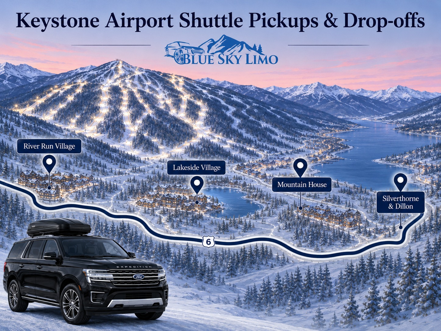 Blue Sky Limo | Keystone Airport Shuttle 6 Keystone airport shuttle pickup and drop-off map showing River Run Village, Lakeside Village, Mountain House, and Silverthorne and Dillon