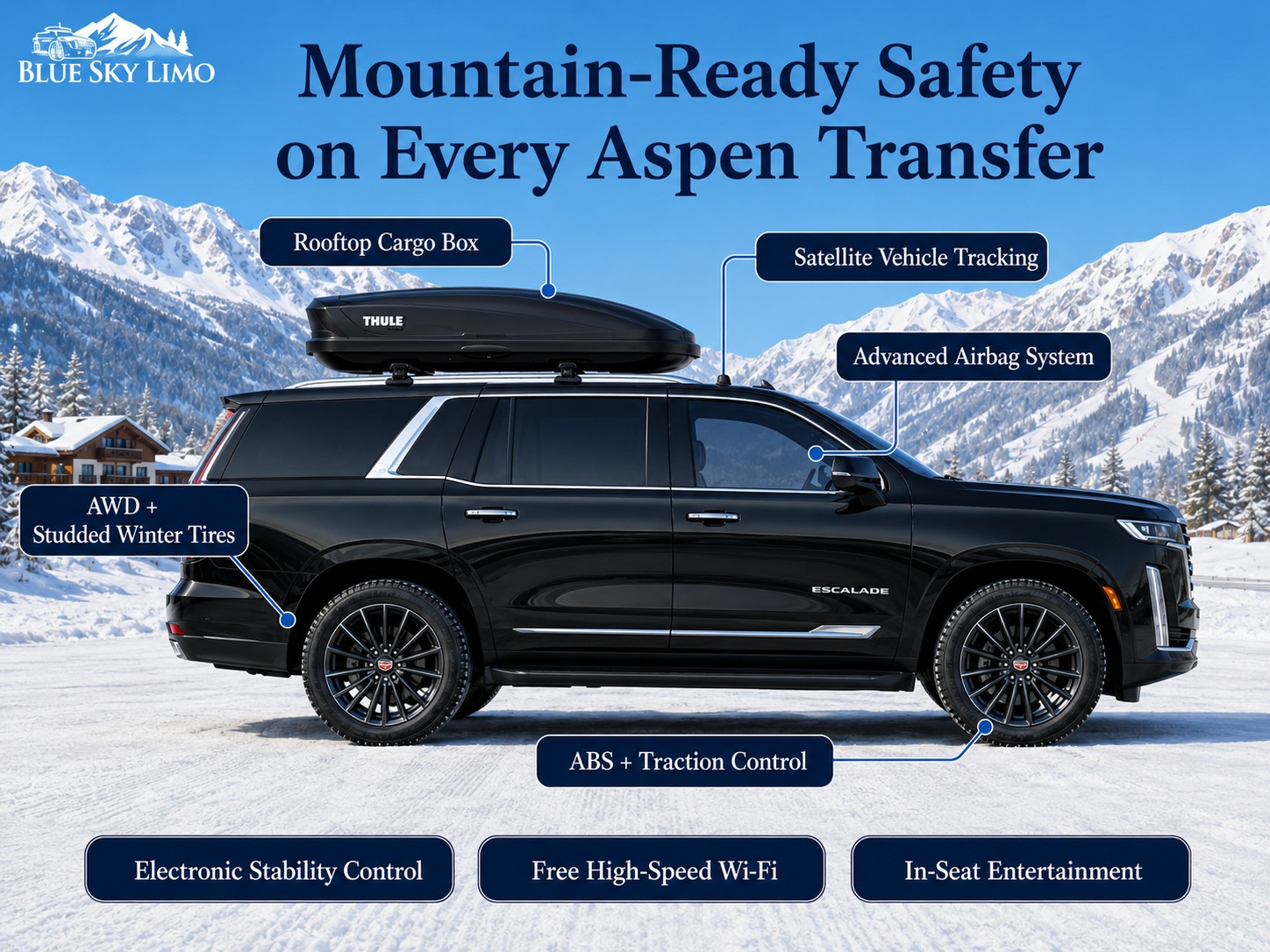 Blue Sky Limo Cadillac Escalade safety and amenity features for Aspen airport shuttle service including AWD, studded winter tires, rooftop cargo box, Wi-Fi, ABS, and traction control