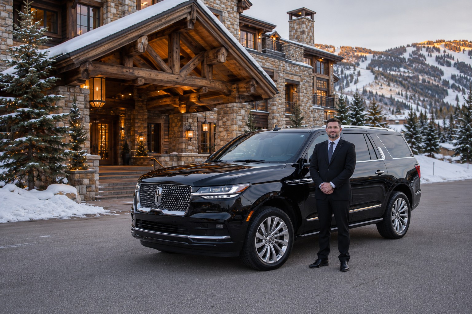 Blue Sky Limo professional chauffeur with a Lincoln Navigator at a Beaver Creek lodge