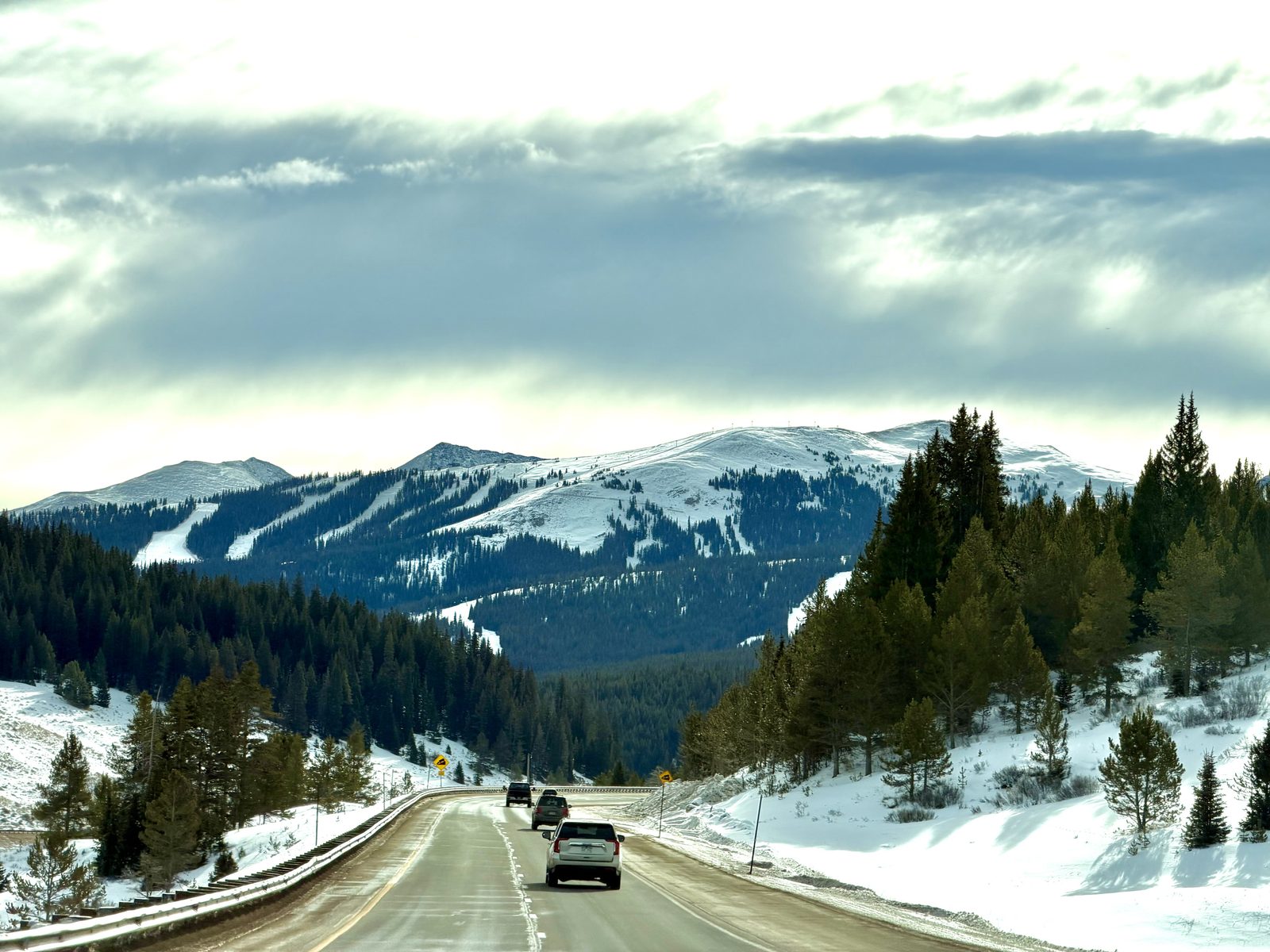 winter drive on I-70 through the Rocky Mountains toward Beaver Creek