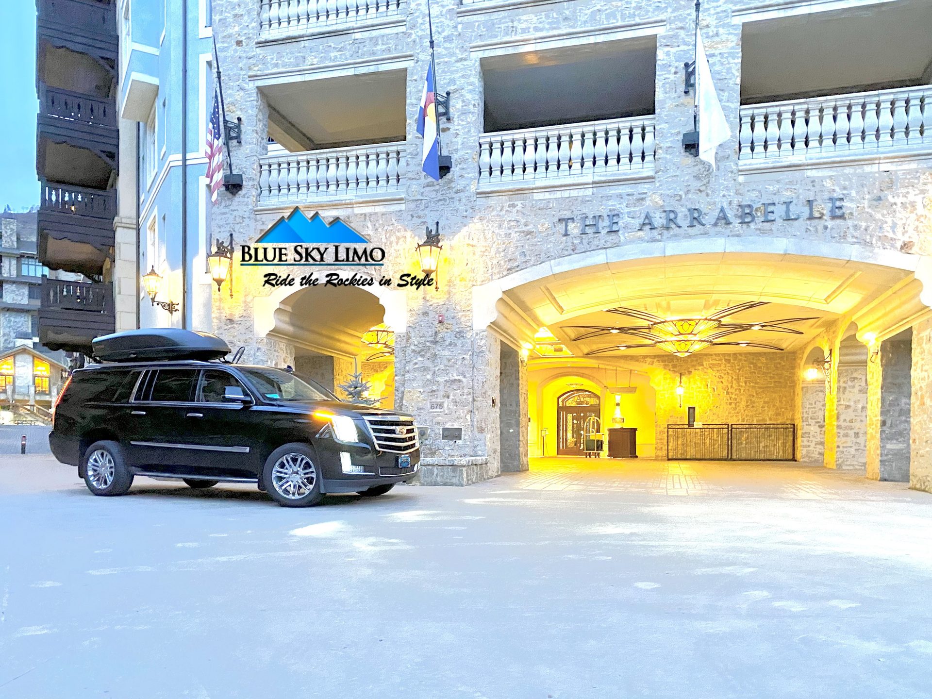 Eagle Airport To Vail Car Service Blue Sky Limo luxury SUV dropping off at The Arrabelle in Vail Village