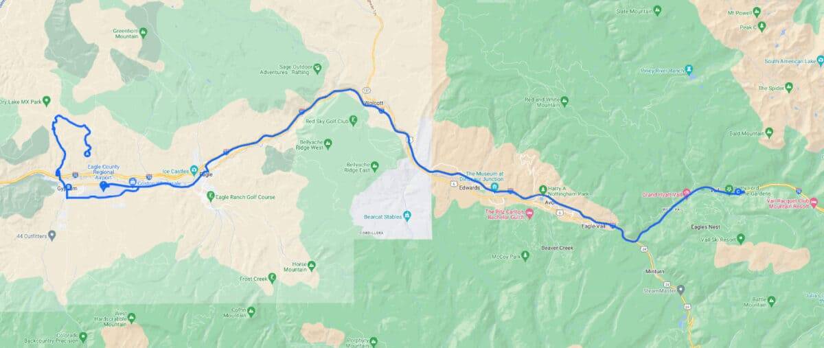 Driving route from Eagle County Airport (EGE) to Vail along I-70 East
